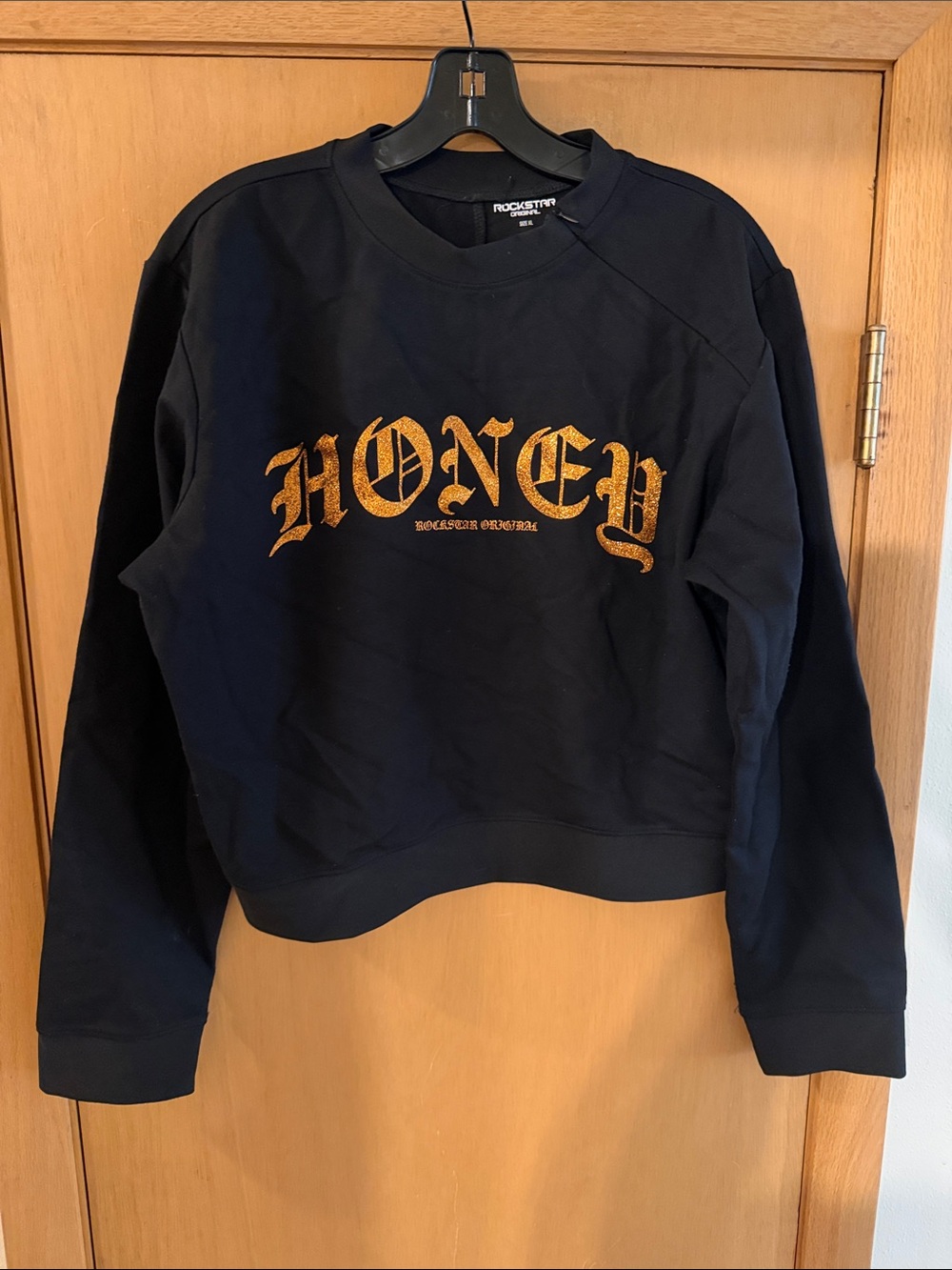 Rockstar Original Women’s Honey Y2K Cropped Sweatshirt Black Gold Size XL